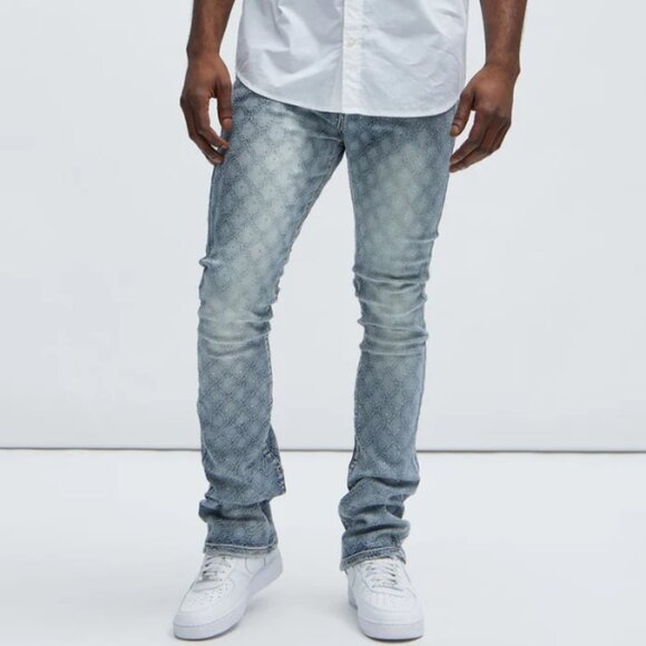 Fashion Nova Men I Be Jeweled Stacked Skinny Flare Jeans - Light Blue 32 - Picture 1 of 6